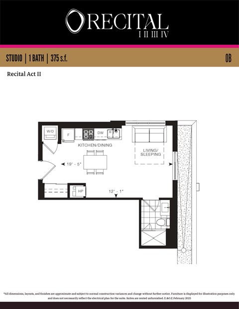 Floor plan for studio, 1 bath, 375 sqft